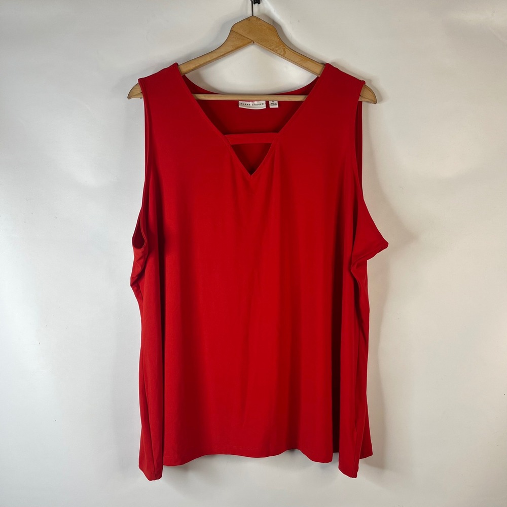 Susan Graver Tank Top Women 3X Red Liquid Knit V-Neck Bar Detail Sleeveless